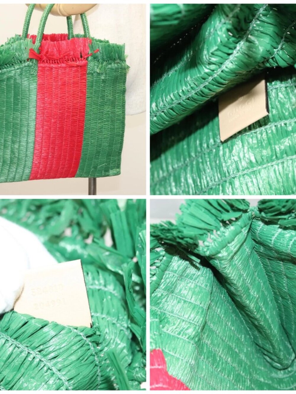 GUCCI Hand Bag Straw Green Red 524810 Auth - Picture 13 of 16